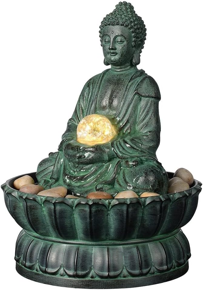 Haobos Indoor Tabletop Fountain Buddha Exquisite Sitting Meditation Statue, Desk-Top Water Fountain Decorative Zen Fountain w/Glass Rolling Ball/LED/Stone for Office/Home/feng Shui Decor 9.4" - Image 1